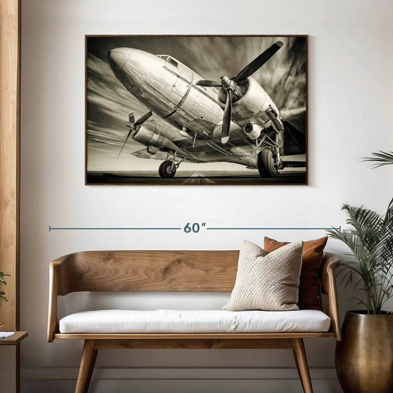 Avion rétro monochrome, 46 po x 31 po, Cadre flottant noyer