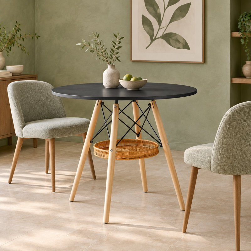 Table de salle à manger ronde moderne en bois massif de 80 cm (31,5 po), couleur noyer, avec rangement