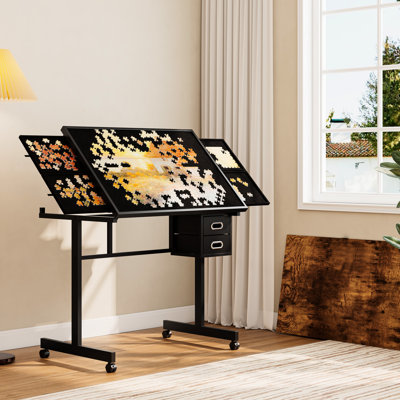 Adult Jigsaw Puzzle Table With 1000 Pieces, Metal Board, 4 Trays, 2 Drawers, Black Veneer Wooden Desktop Cover, Rubber Wheels  2 Lockable , Gray Felt And Non - Woven Ideal Present For Board Adults
