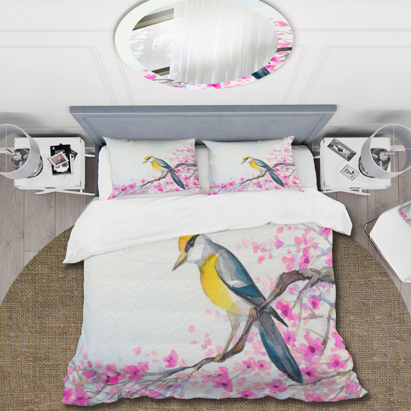 Magnifique oiseau sur une branche en fleurs - Ensemble de housse de couette traditionnel - Microfibre de polyester