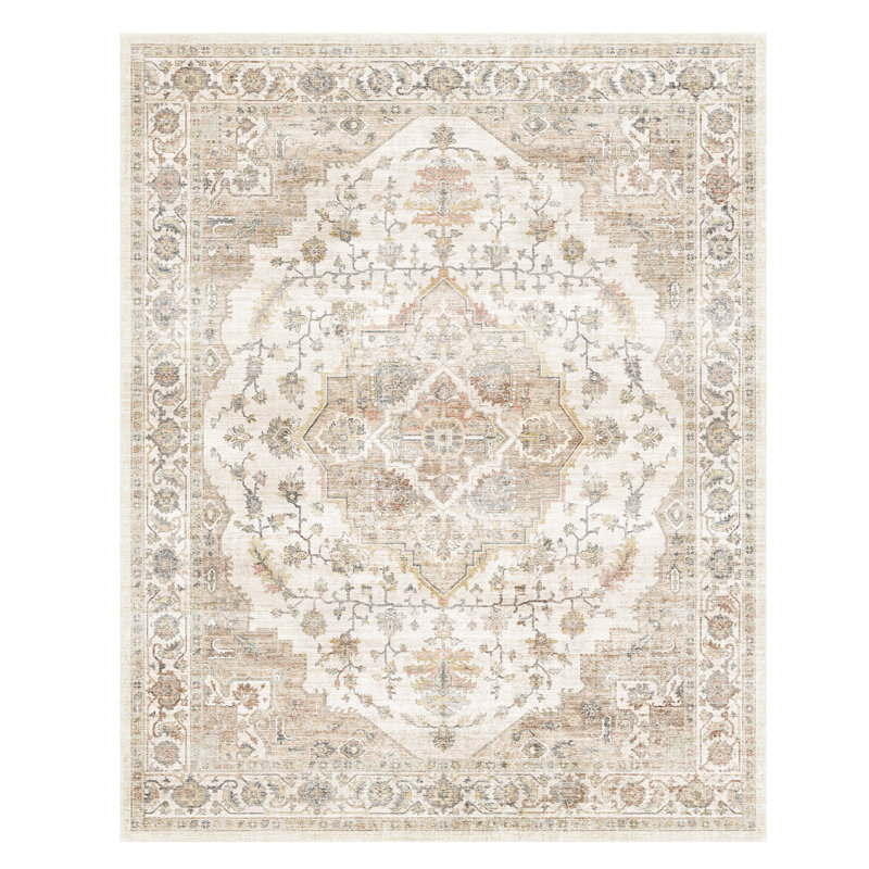 Machine Washable Vintage Floral Beige Area Rug For Living Room, Bedroom, Rectangle 5' x 7'