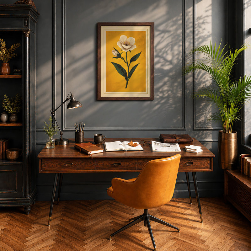 White Bloom Study Botanical - Framed Print, A2 - 59.4 x 42.0 cm, Walnut