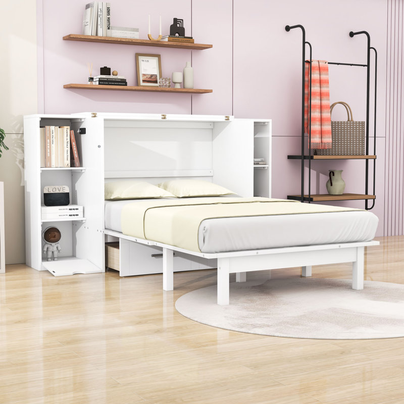 Lit escamotable multifonction avec ports USB intégrés et charge de type C, Blanc, Grand lit
