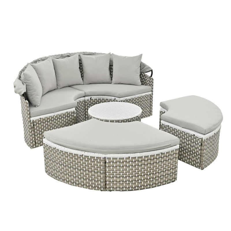 Ensemble de canapé modulaire d'extérieur rond en rotin pour deux personnes, Gris