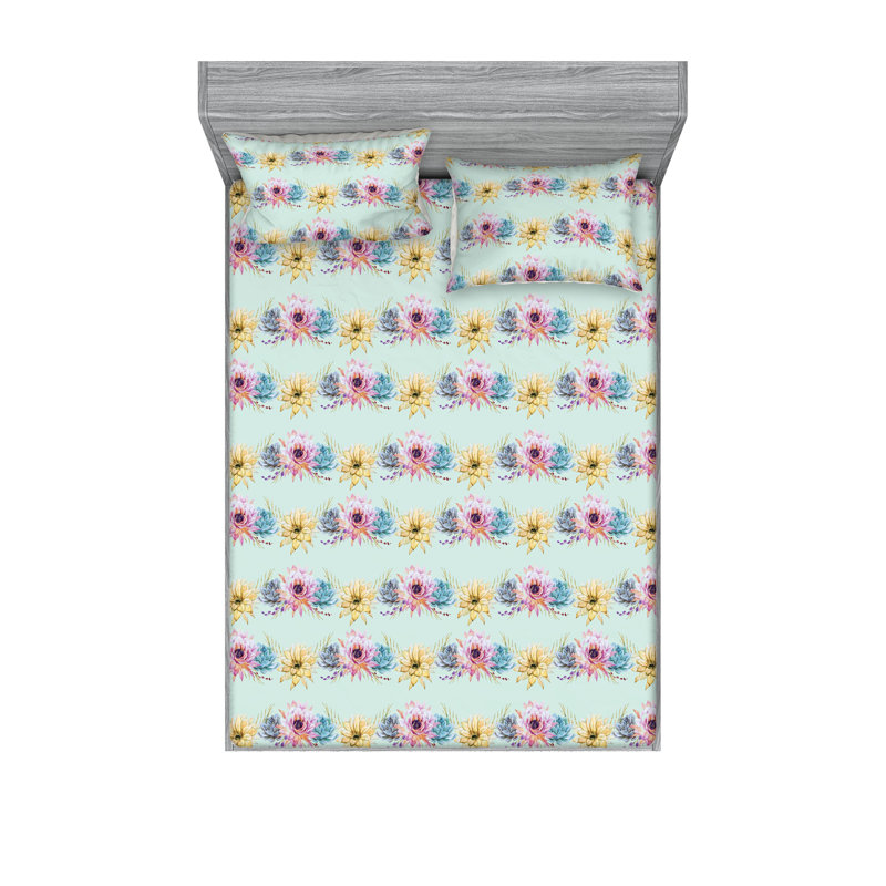 Ambesonne Fitted Sheet & Shams, Mint Green Flower, Full Sheet Set with 2 Pillowcases
