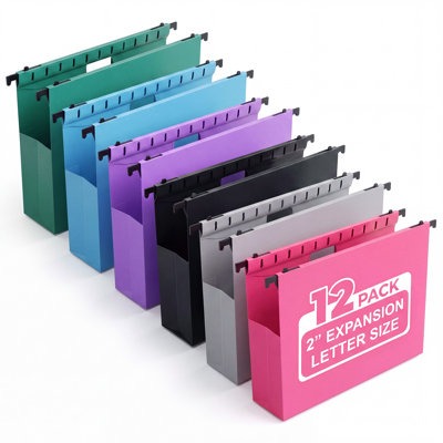Hanging File Folders with Side Pocket, 2 Inch Expansion Letter Size, 6 Assorted Colors, Available in 12 Pack (2 per Color) or 24 Pack (4 per Color), PP Plastic File Organizer for Cabinet Storage
