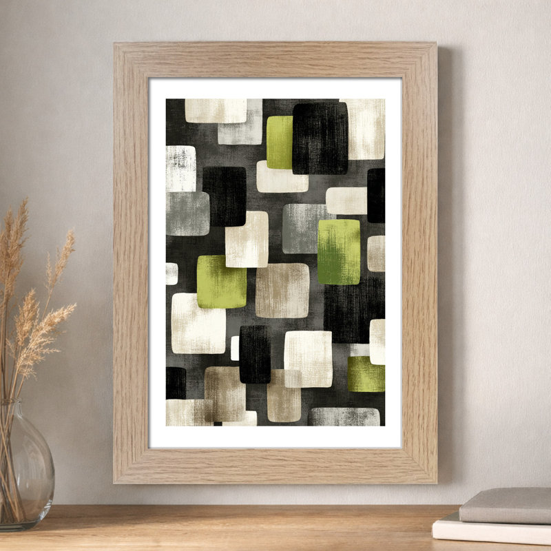 Minimal Scandinavian Wall Art Home Decor Giclee Art Print Olive Green & Charcoal Abstract Squares, Textured Midcentury 1 Piece Wall Art