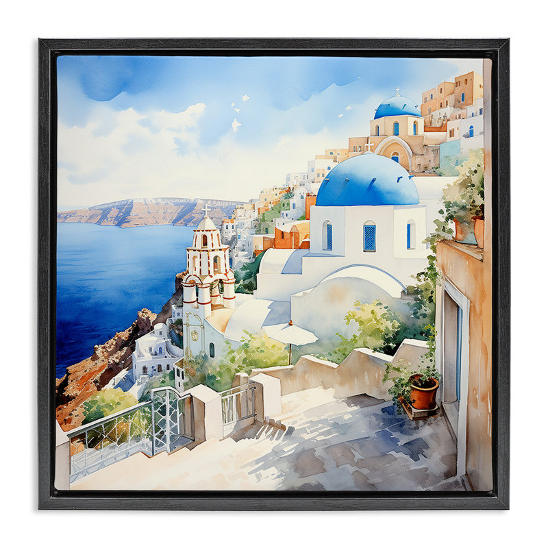Paysage de la ville de Santorin, H 18 po x l 18 po, Cadre flottant noir de jais