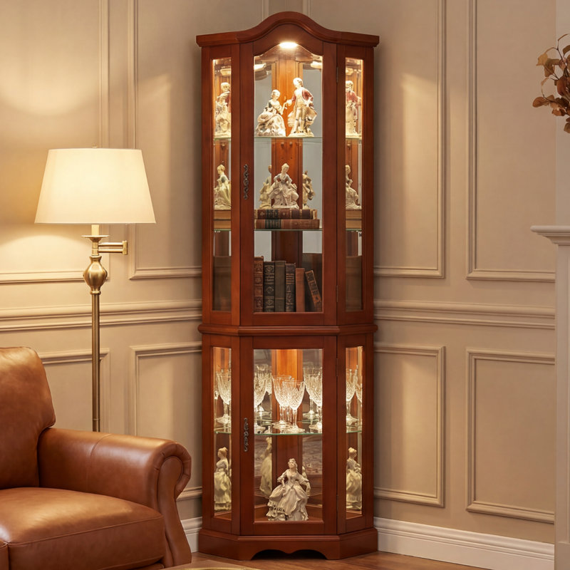 Vitrine de coin traditionnelle Ashbourne avec portes vitrées et tablettes, Noyer chaud