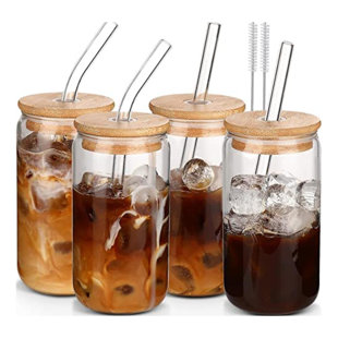 Glass Cups with Lids and Glass Straws with Design 4pcs Set -  16oz Cute Iced Coffee Sublimation Glasses, Beer Can Shaped Drinking Glasses  Tumbler, Coffee Bar Accessories, Aesthetic Housewarming Gifts