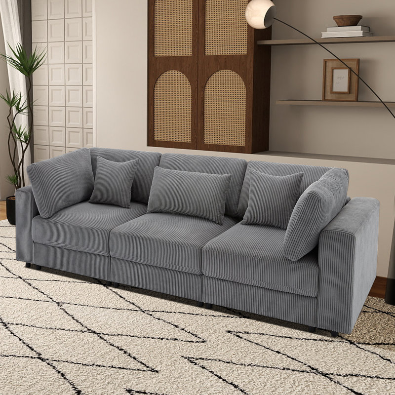 Canapé de 105 po à 3 places en velours côtelé avec coussins lombaires et coussins décoratifs, Gris