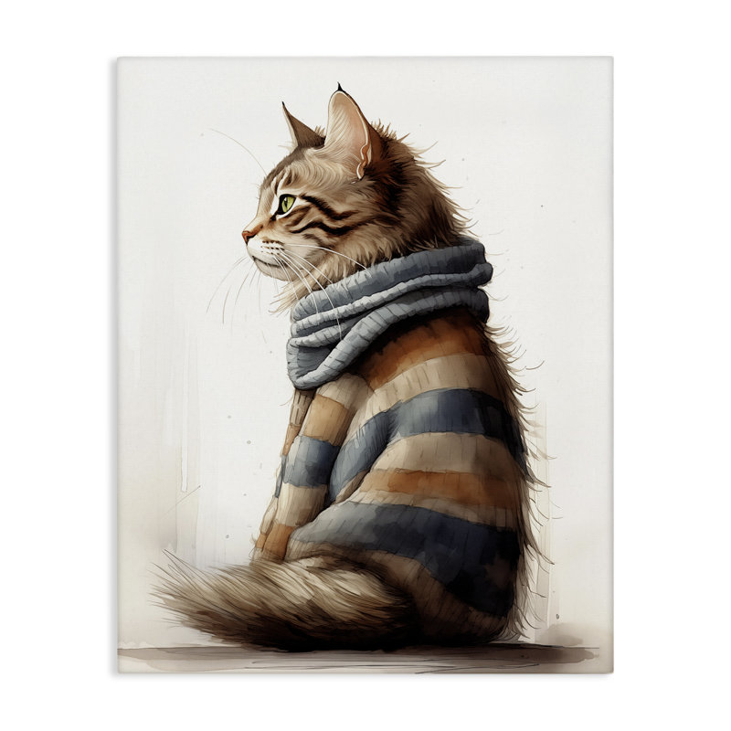Chat dans un chandail rayé, art mural par Sasha, H 20 po x l 16 po