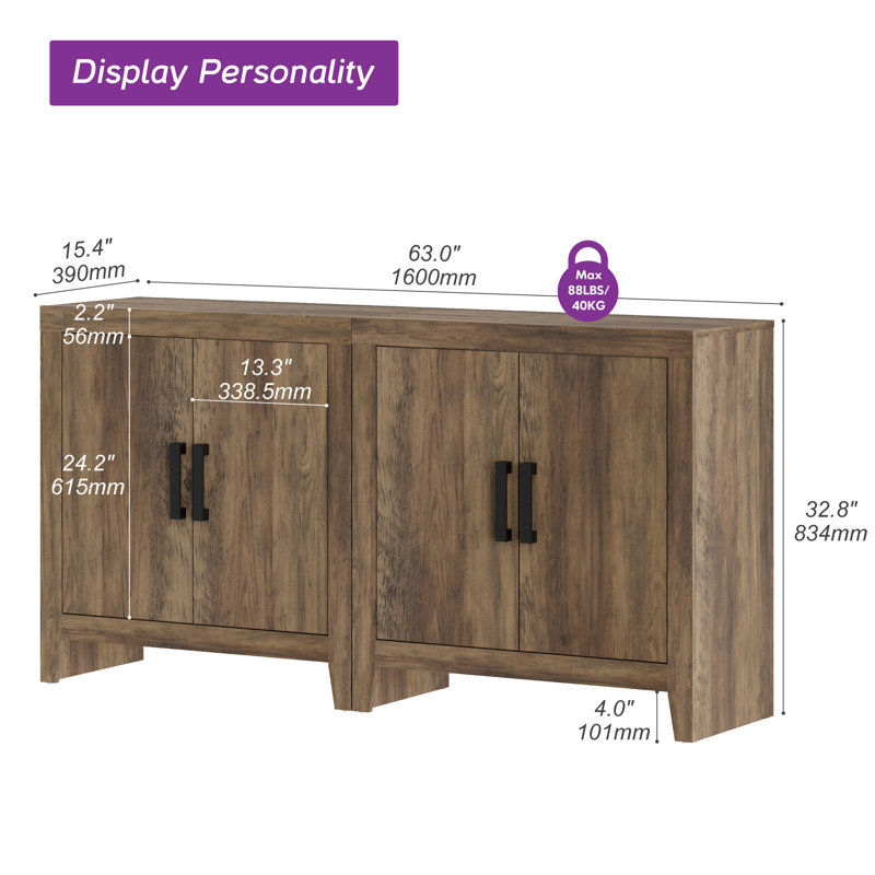 Buffet Cabinet With Storage, 62" Large Sideboard, Kitchen Cabinet With Door And Adjustable Shelf, Modern Farmhouse Wood Console Table For Kitchen, Dining Room, Living Room, Brown