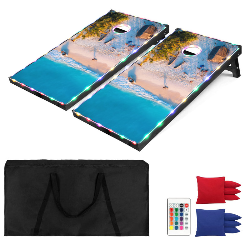 Ensemble de jeu de cornhole à DEL, ensemble de jeux de planches de cornhole de taille réglementaire 4 pi x 2 pi / 3 pi x 2 pi, jeu d'extérieur corn holes, jeu de corn hole avec 2 planches, 8 sacs de haricots