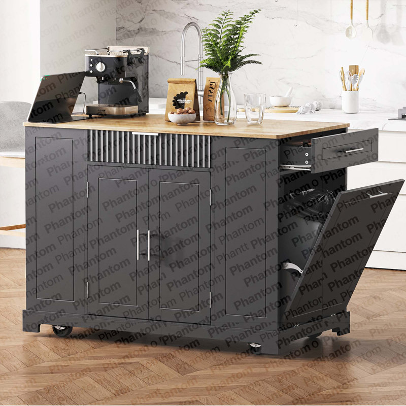 Îlot de cuisine cannelé K&K avec armoire de rangement pour poubelle, prise de courant, support de rangement interne, îlots de cuisine roulants sur 5 roues avec 3 tiroirs, 3 supports latéraux ouverts pour poubelle de 10 gallons, noir