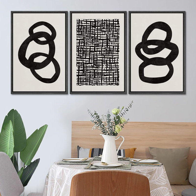 «Black Tan Ring Grid Circle Patterns Abstract Shapes Neutral Modern Art Decor Contemporary», 3 pièces, Noir, noir, noir, noir
