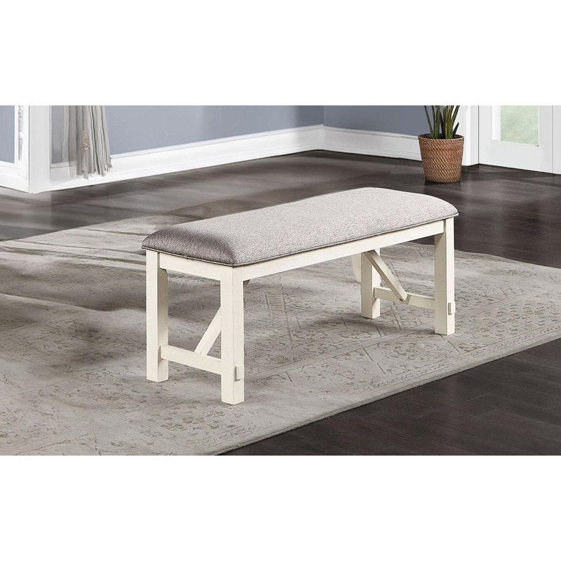 Modern Style Bench For Dining With Grey Fabric And White Frame, Upholstery Lines,