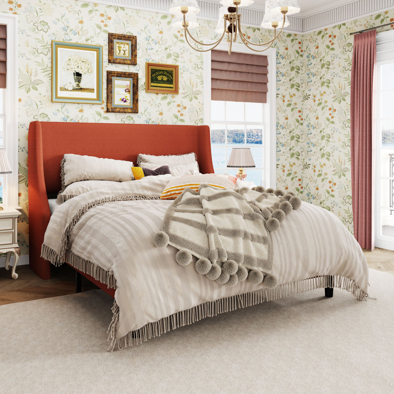 Bowdoin Modern Linen Upholstered Wingback Platform Bed with Wooden Slats, Full, Burnt Orange