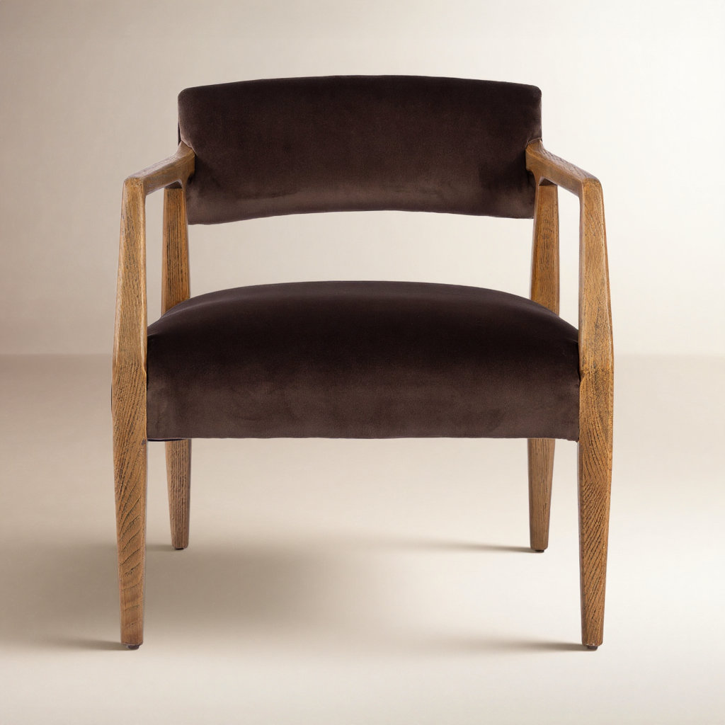Berthe Oak Genuine Leather Armchair, Surrey Cocoa Performance Velvet