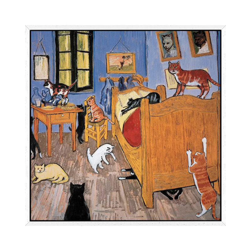 Van Gogh Arles Cat - Painting on Canvas, White Framed, 66.04cm H x 66.04cm W x 3.81cm D