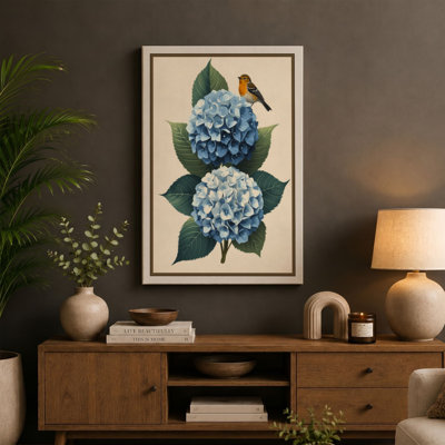 Hydrangea and Robin Botanical - Wrapped Canvas