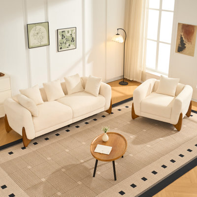 Ensemble canapé moderne Cloud 2 pièces, canapé 3 places en bouclette et fauteuil d'appoint, fauteuil de lecture moderne rembourré avec coussin assorti, fauteuil confortable pour salon, blanc