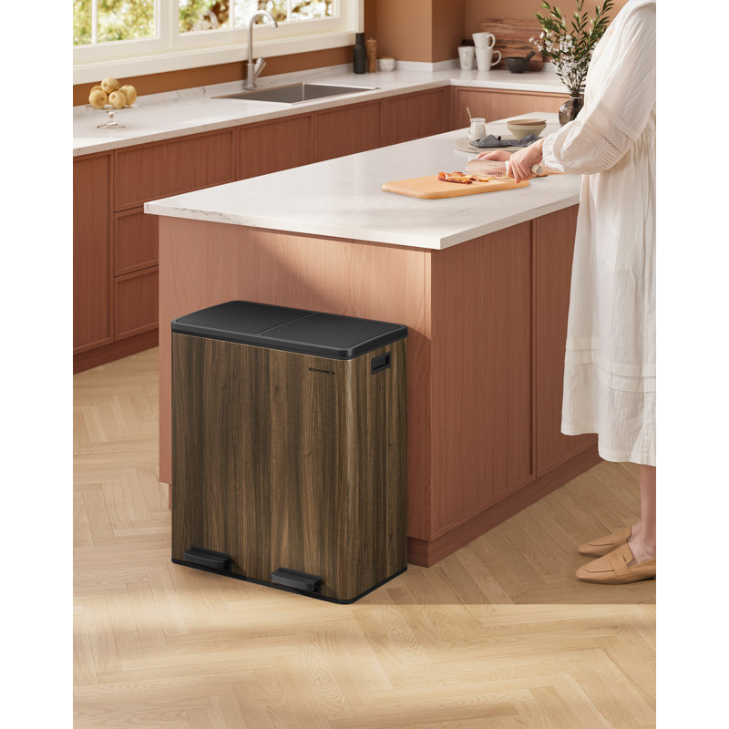 Steel Step On Multi-Compartment Rubbish & Recycling Bin - 60L, Dark Walnut