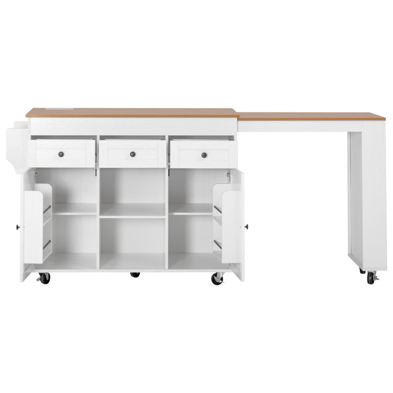 85.5" Kitchen Island with Extendable Dining Table, Kitchen Storage Table with 3 Side Open Shelves, Rolling Kitchen Island with Power Outlet, 3 Drawers, 2 Doors