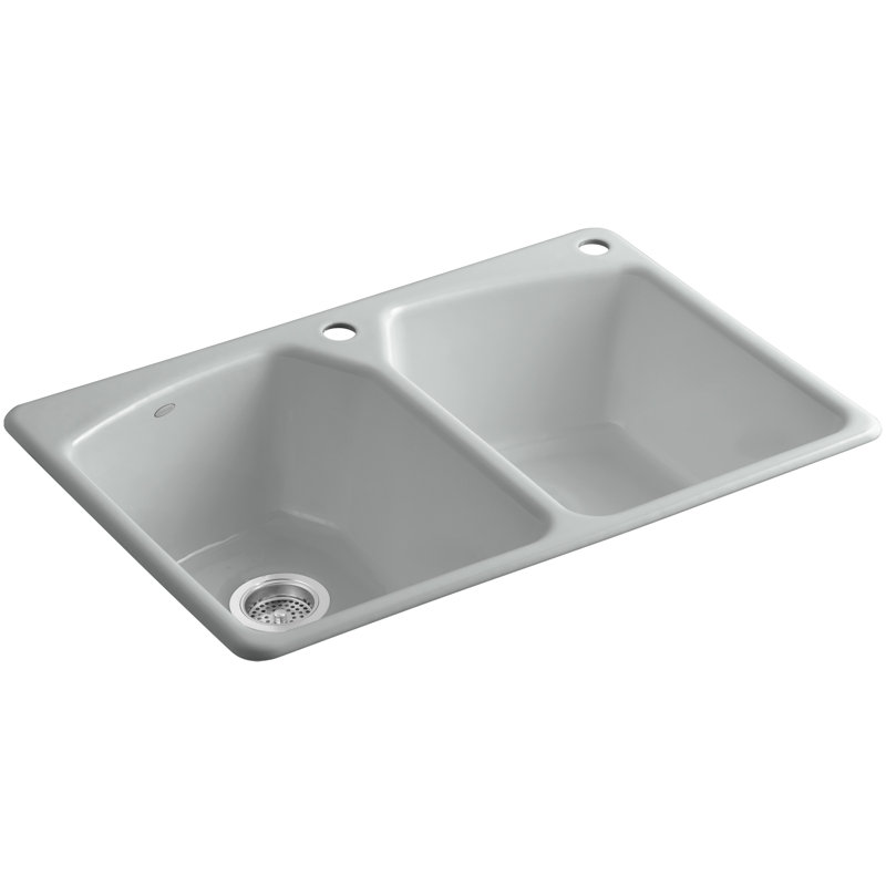 Tanager 33" x 22" x 9-5/8" Top-Mount Double-Equal Bowl Kitchen Sink with Two Holes: 1 Faucet Hole, Mexican Sand, Right Hand