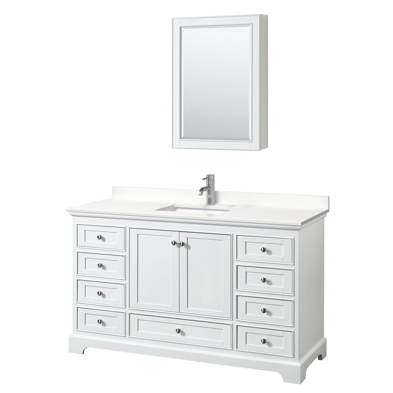 Ensemble de meuble-lavabo simple 60 po avec comptoir en quartz Deborah, Quartz blanc, Blanc, Chrome poli