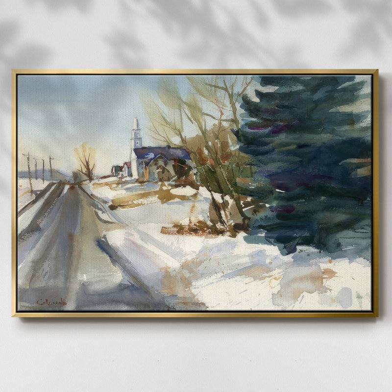 Église paroissiale en hiver, H 25 po x l 37 po x P 1,5 po, Cadre flottant doré