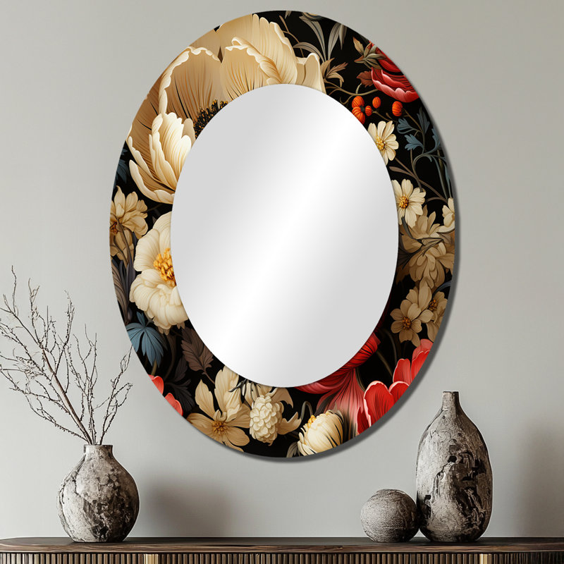 Rouge et beige élégant champ de coquelicots - grand miroir mural ovale sur métal, H 40 po x l 30 po