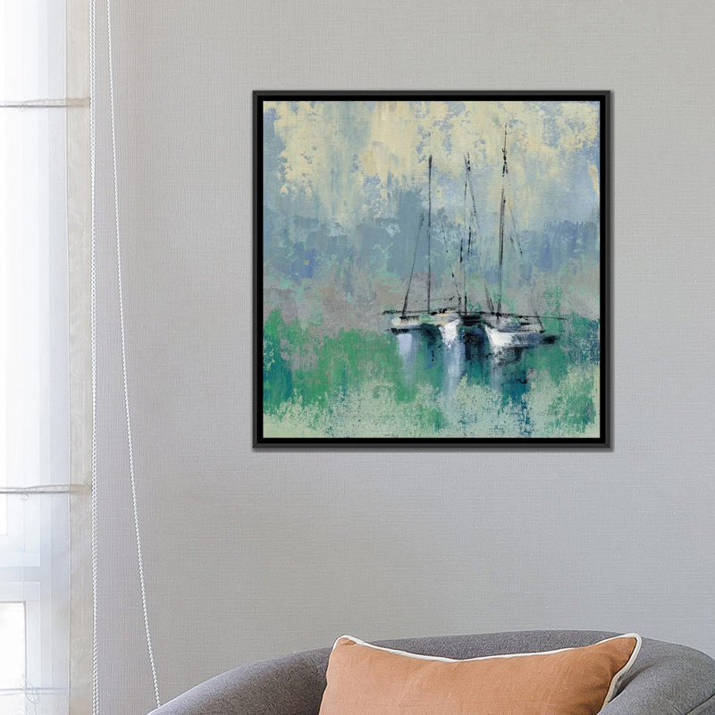 «Bateaux dans le port II», reproduction sur toile, H 18 po x l 18 po x P 1,5 po, Toile avec cadre noir, Pas de tapis