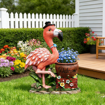 Sculpture de jardin d'extérieur Pot de fleurs flamant rose - Statue de jardin unique, ornement fantaisiste et durable pour la maison et le jardin