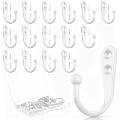 15 Pcs White Coat Hooks, Wall Hooks for Closet Hanging, 30 Screws | Bathroom bedroom kitchen use, holds towels scarves hats keys cups, metal surface mount hook hangers