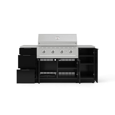 Ensemble d'armoires pour l'extérieur en aluminium noir 6 pièces avec 1 porte, 3 tiroirs, armoire de barbecue, barbecue au propane liquide 40 po et dessus en acier inoxydable 16 po