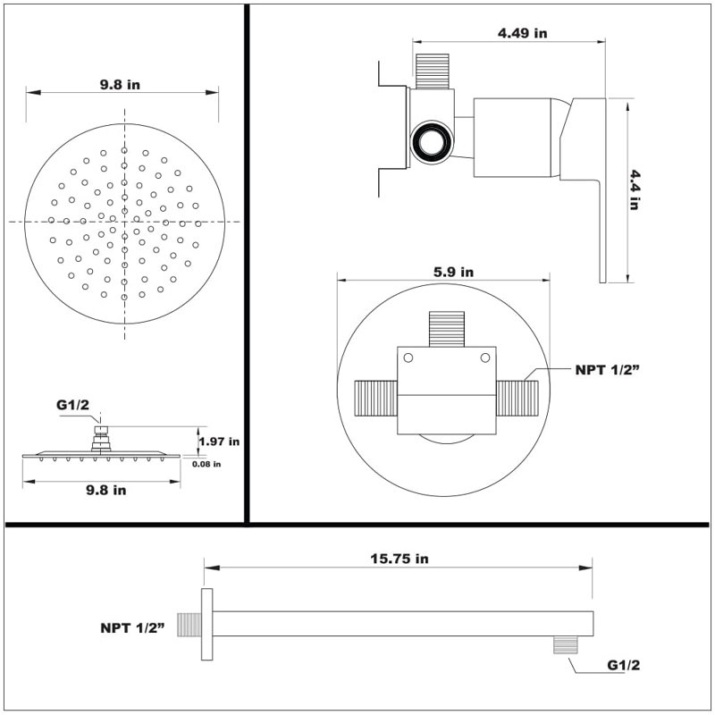 Robinet de douche à pluie avec valve brute