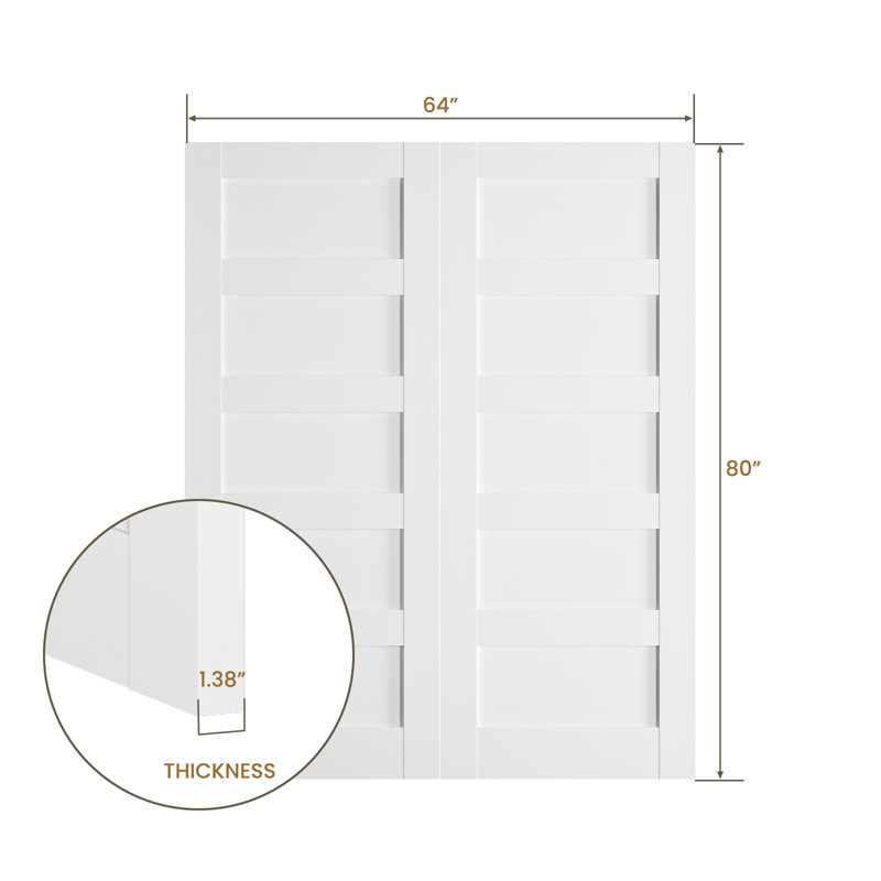 Portes en bois massif manufacturé à 5 panneaux apprêtés sans cadre ni quincaillerie, 64 po x 80 po
