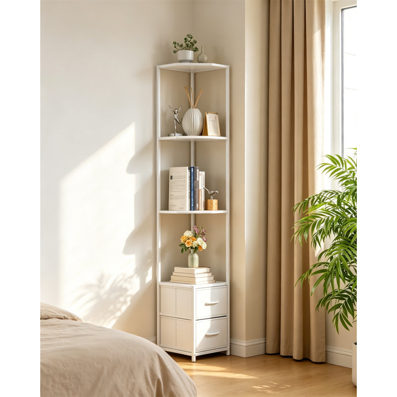 Corner Shelf, 6-Tier Corner Storage Rack with Storage Space and Fabric Drawer, White