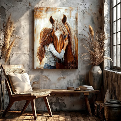«Girl Hugling Horse», reproduction d'art sur toile, reproduction de couleur rustique coordonnée pour une décoration de salon, décoration murale galerie, décoration intérieure moderne