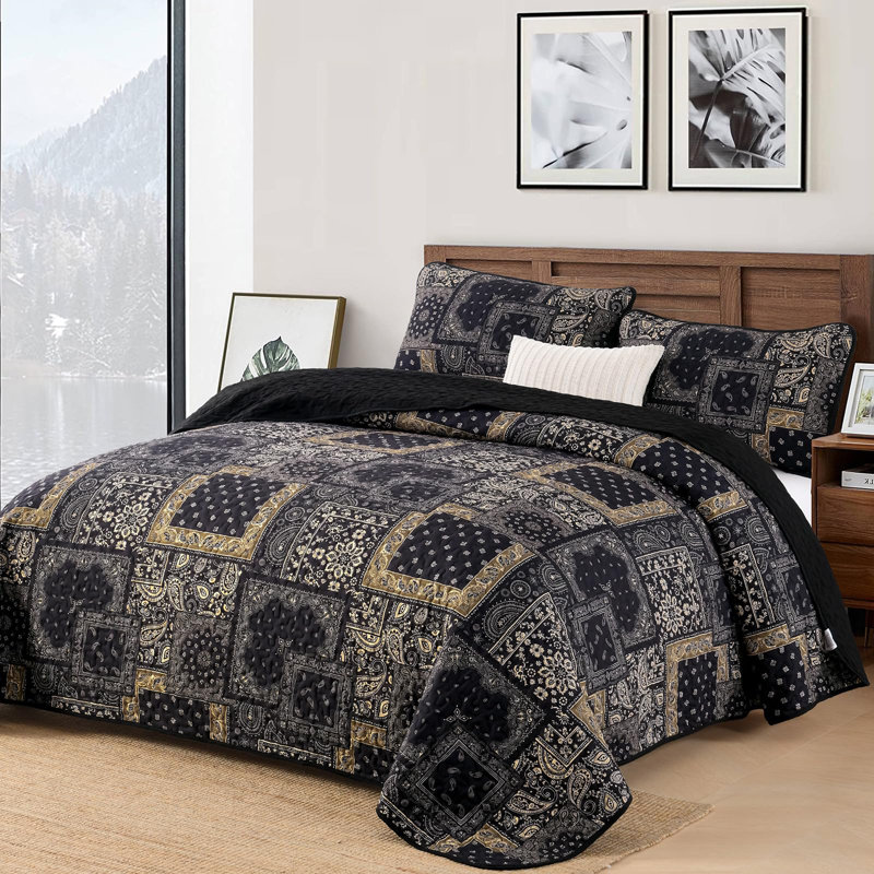 Ensemble de courtepointe 3 pièces à motif floral et motif cachemire Boho, Courtepointe pour très grand lit et 2 taies d'ore