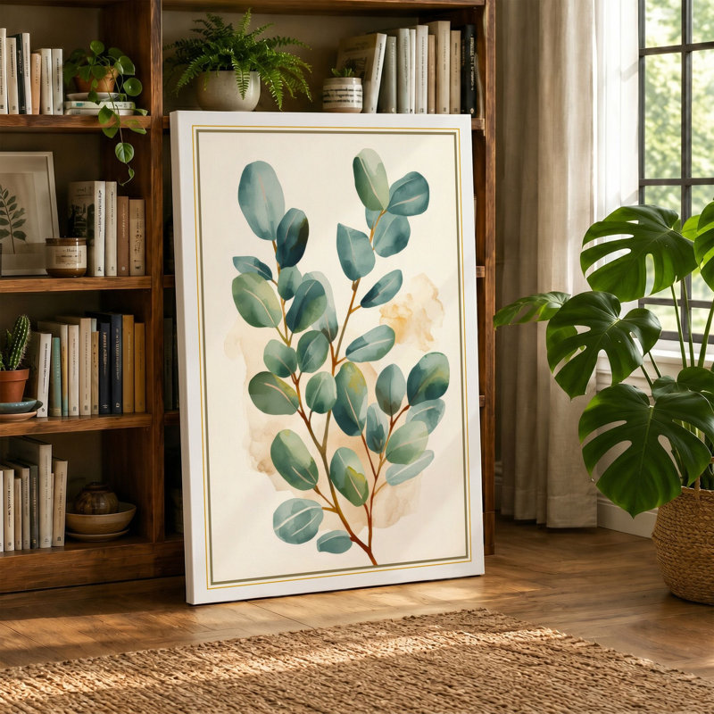 Single Stem in Green Botanical - Wrapped Canvas, 18x12 - 45.7 x 30.5 cm, Teal Border