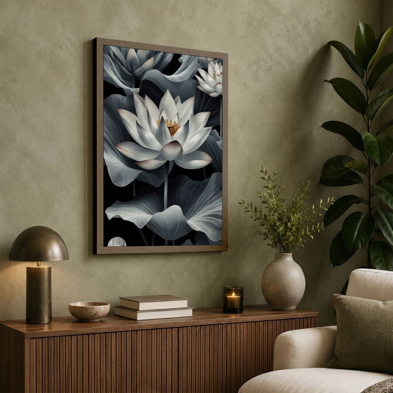 Moonlit Lotus Bloom Botanical - Wrapped Canvas, 30x20 - 76.2 x 50.8 cm, Sage Border