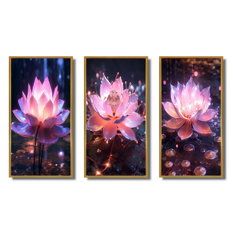 «Light Coming Through Pink Lotus», 3 pièces sur toile, H 28 po x l 36 po, Cadre flottant doré