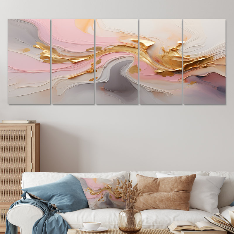Tourbillon tourbillonnant d'or glamour - art mural abstrait 5 pièces, H 32 po x l 80 po