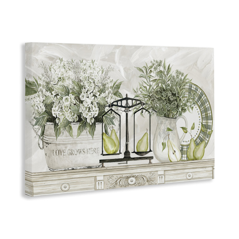 Fleurs et poires sur toile, design par Cindy Jacobs, H 20 po x l 30 po