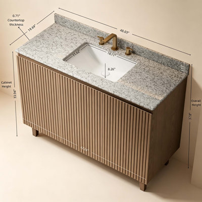 Meuble-lavabo de salle de bain 122 cm (48 po), meuble autoportant, comptoir en granit naturel et lavabo en céramique avec 3 trous prépercés pour robinetterie, démonté, sans robinetterie, sans bonde et sans couvercle de lavabo, coloris Heidelberg imitation bois