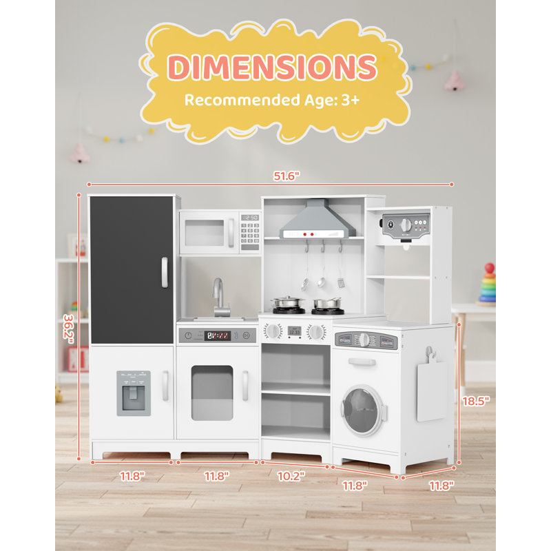 Wooden Corner Play Kitchen, Kitchen Playset With Stove & Range Hood W/lights & Sounds, Sink, Faucet, Ice Maker And Washing Machine, 6-piece Toy Set Age 3+(white)
