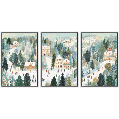 «Whimsical Winter Village Landscape Cottage Forest Scene Wall Art Decor», impression sur toile 3 pièces