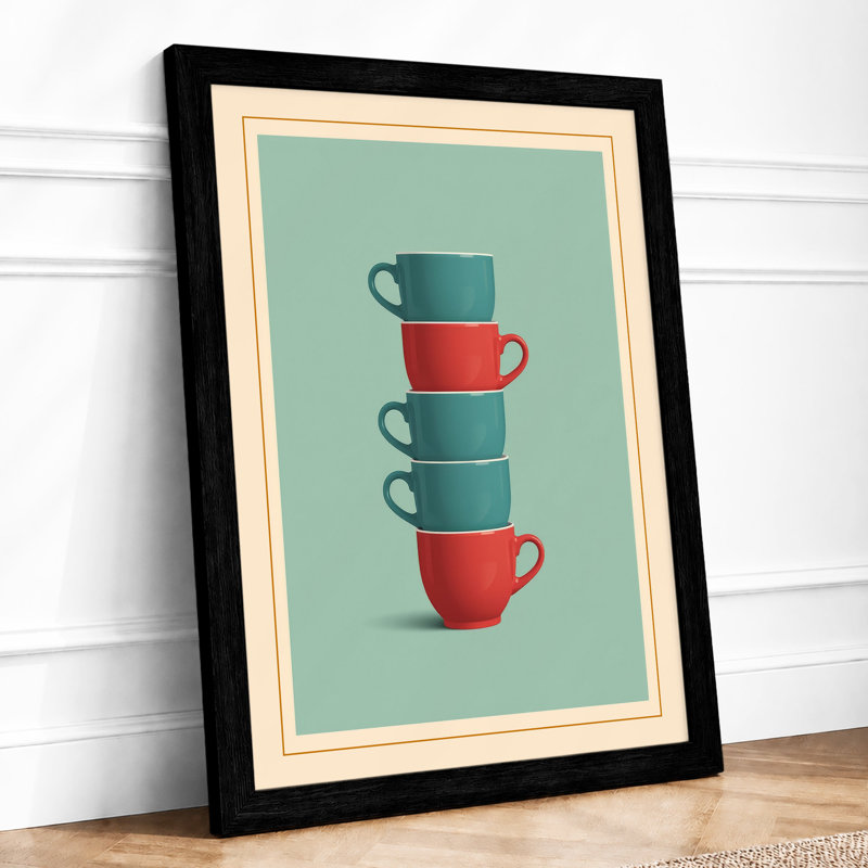 Stacked Ceramic Mugs Mid-Century - Framed Print, A3 - 42.0 x 29.7 cm, Black